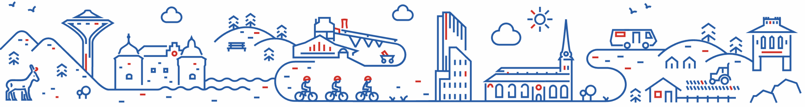 En minimalistisk linjeteckning av en kuperad stad med byggnader, träd, cyklister, en giraff, lastbilar och fåglar. Röda och blå accenter framhäver detaljer som hustak, fönster och cykelhjälmar.