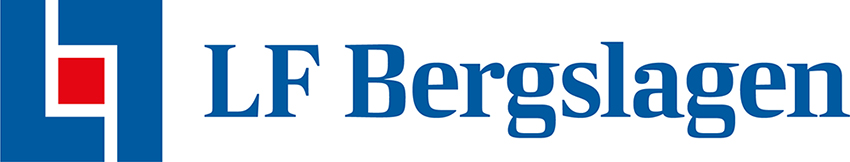 Logotyp för LF Bergslagen bestående av en blå kvadrat med rödvit geometrisk design till vänster och texten LF Bergslagen i blå versaler till höger.