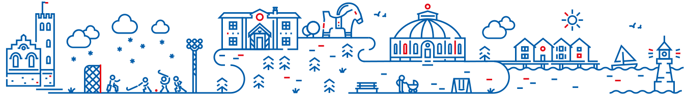 Linjekonstillustration av en stadsbild med byggnader, en idrottsplats, träd, en parkbänk, hus vid vattnet, en segelbåt, en fyr och människor som ägnar sig åt utomhusaktiviteter under moln och sol.