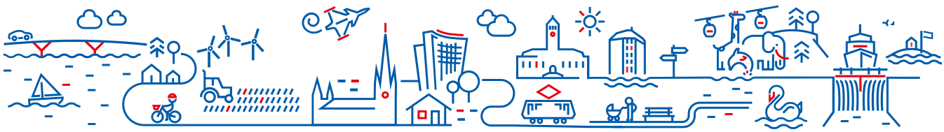 Minimalistisk stadsbild med vindkraftverk, en cyklist, segelbåt, moderna och historiska byggnader, spårvagn, linbana över träd, människor i en park, vatten med svanar och en bro, ritad med blå och röda linjer.