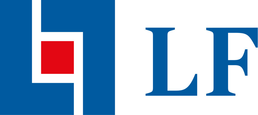 Logotyp med en blå kvadrat och geometriska former som bildar ett L och F runt en röd kvadrat, bredvid de blå bokstäverna LF på en vit bakgrund.