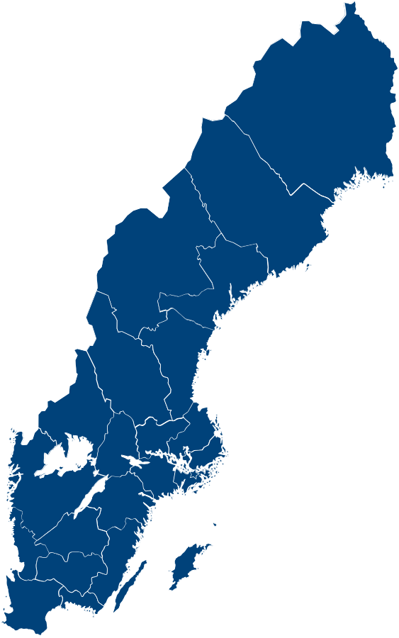Karta Karta över Sverige med markerade regioner som visar företagets olika verksamhetsområden.